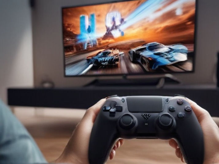 A man holding a PS5 controller playing a video game in front of a TV.