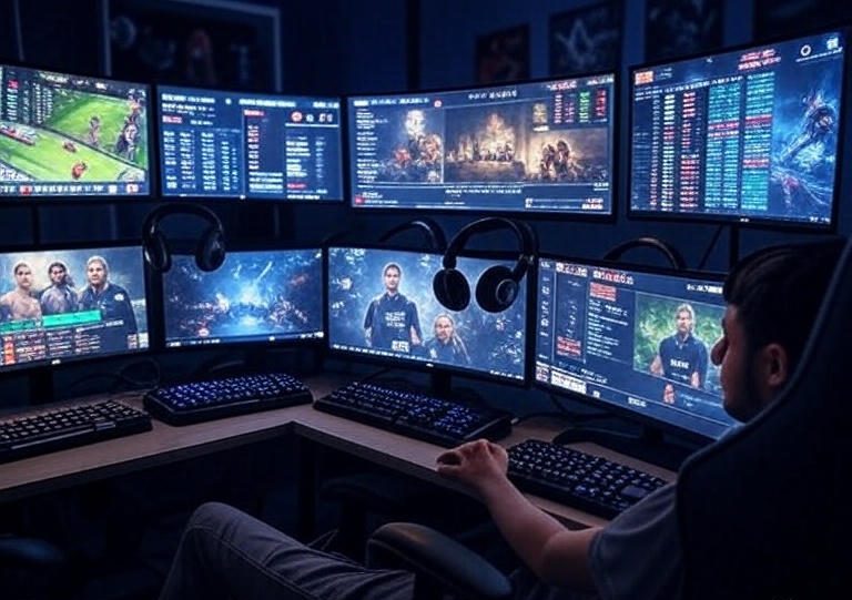 computer desk setup with multiple monitors