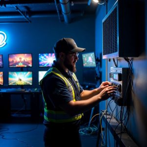 HVAC technician adjusting controls inside a gaming lounge