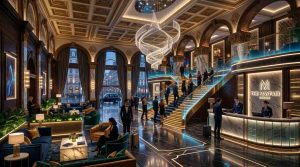 Luxury hotel lobby in Mayfair London designed like a cinematic game environment, grand interior, glowing ambient lighting, elegant furniture.